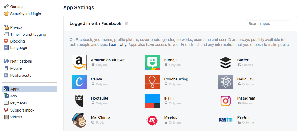 Facebook apps settings